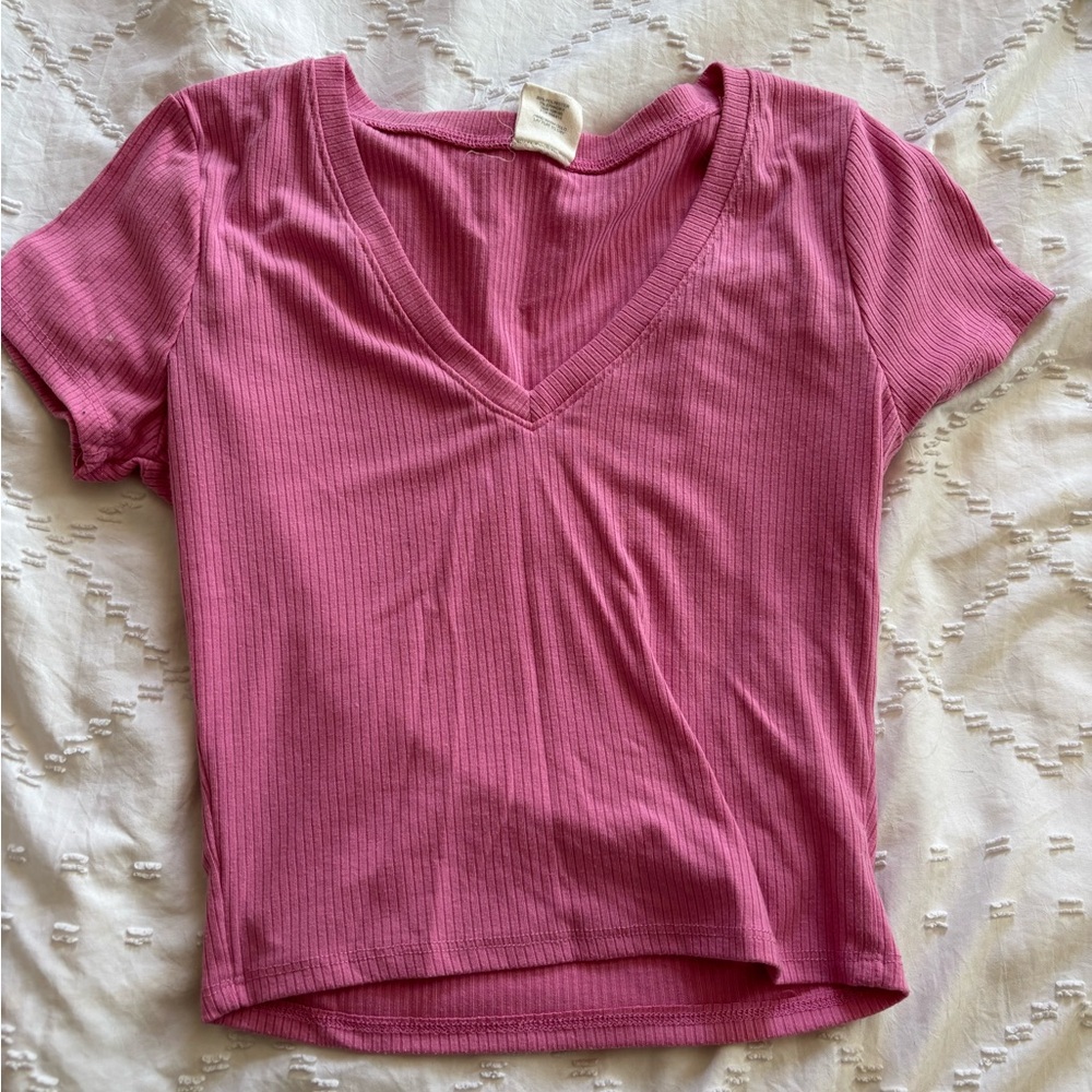 Full Tilt Ribbed V-Neck Short Sleeve Top - Pink